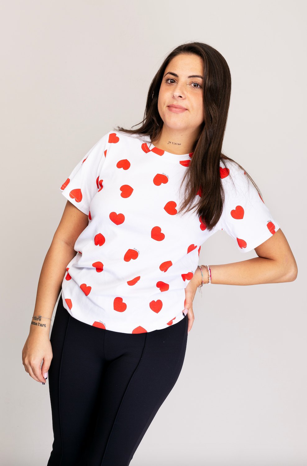 Tee-shirt GLORIA blanc coeurs rouges - Léopoldine Chateau