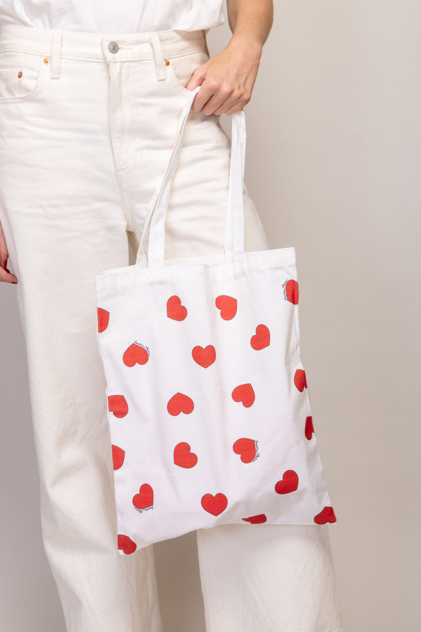 Sac Tote En Lin Beige Avec Petits Cœurs Rouges - Réutilisable Et écologique - Fabriqué En France