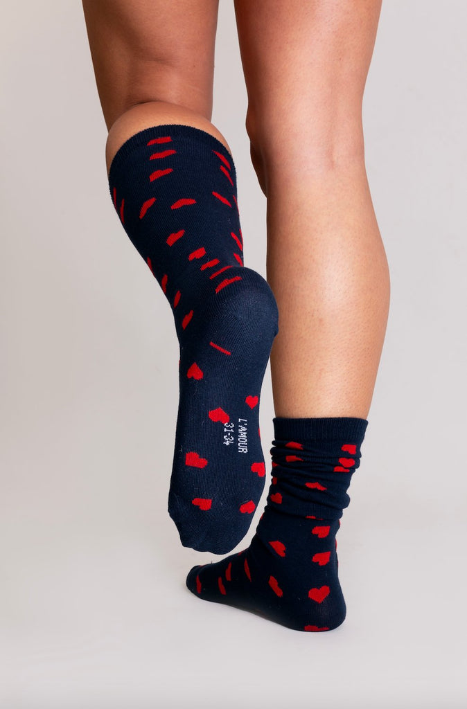 Chaussettes BIBI marines coeurs rouges - Léopoldine Chateau