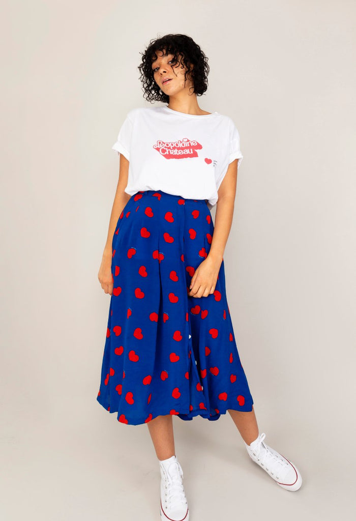 Jupe BRIGITTE bleue coeurs rouges - Léopoldine Chateau