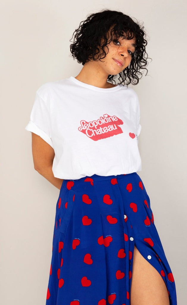 Jupe BRIGITTE bleue coeurs rouges - Léopoldine Chateau