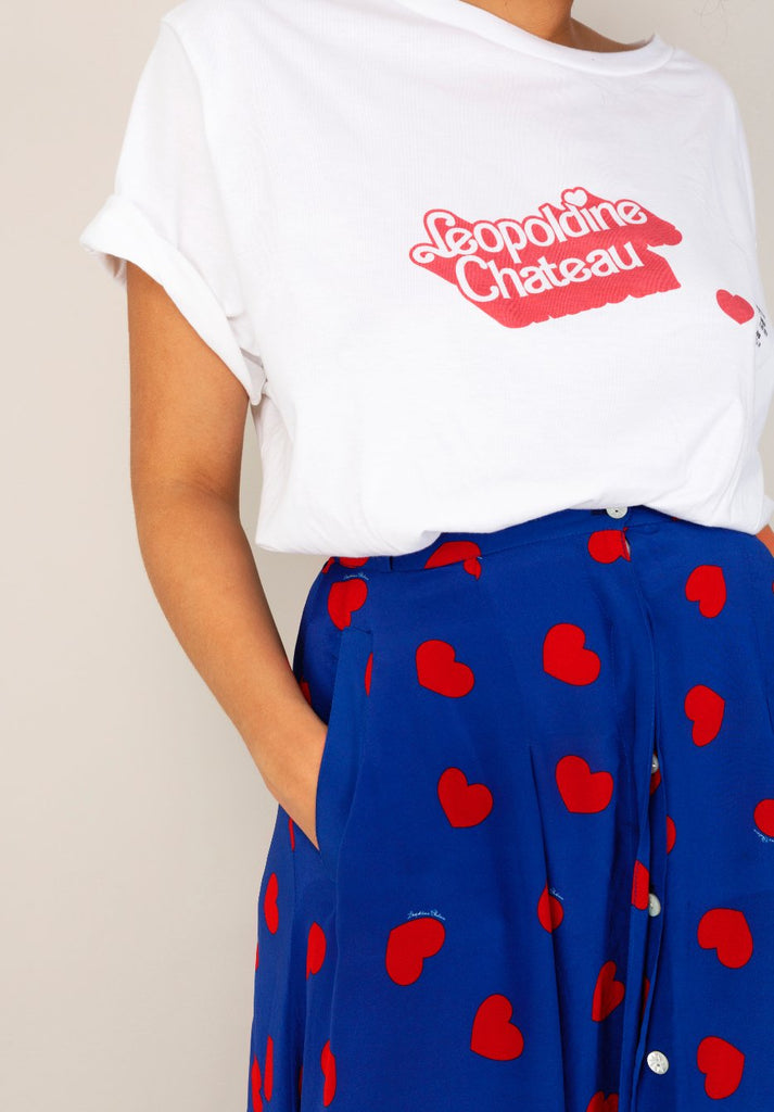 Jupe BRIGITTE bleue coeurs rouges - Léopoldine Chateau