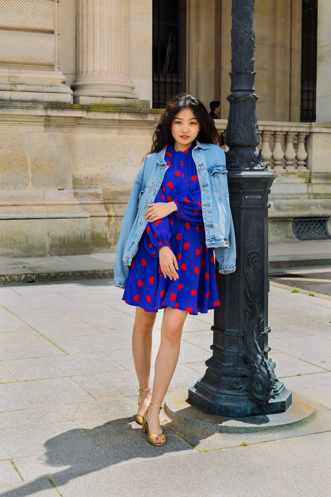 Robe courte LUNA marine imprimée coeurs - Léopoldine Chateau