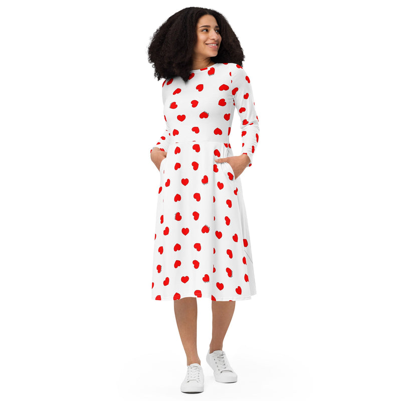 Robe manches longues AGATHE coeurs rouges - Léopoldine Chateau