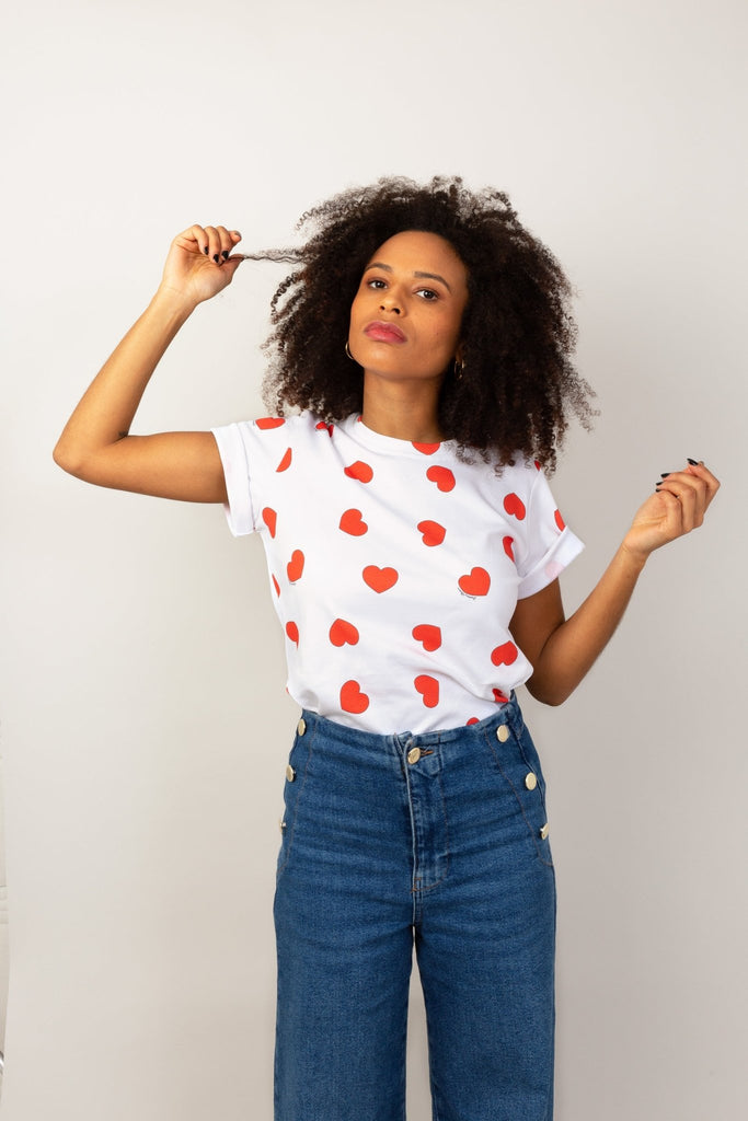 Tee-shirt GLORIA blanc coeurs rouges - Léopoldine Chateau