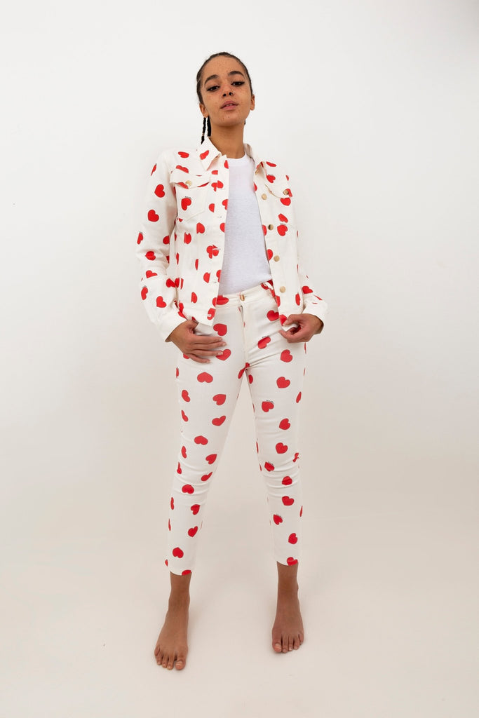 Veste ELLA en jean coeurs rouges - Léopoldine Chateau